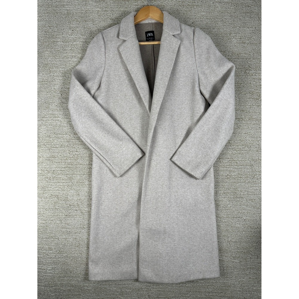 Zara Womens Small Oatmeal Beige Marl Longline Open Front Notched Lapel Coat